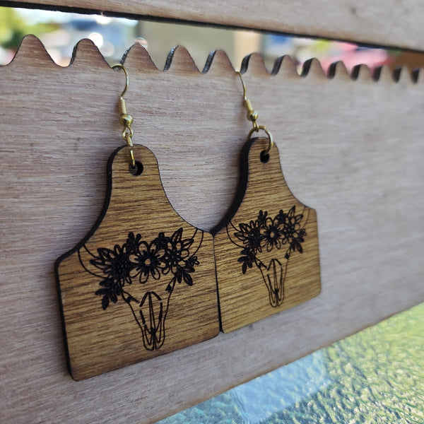 Cow Tag Earring - Bull with Flowers - Ready to Ship